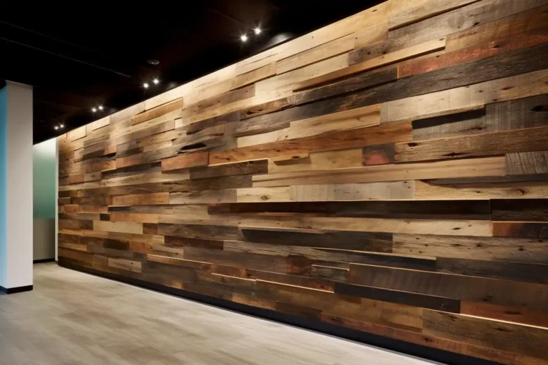 Large reclaimed wood accent wall featuring textured, multi-toned horizontal planks with integrated lighting in a modern interior.