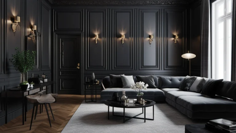 Picture of dark tonew wall panelling style , with a batton effect in an office in ireland