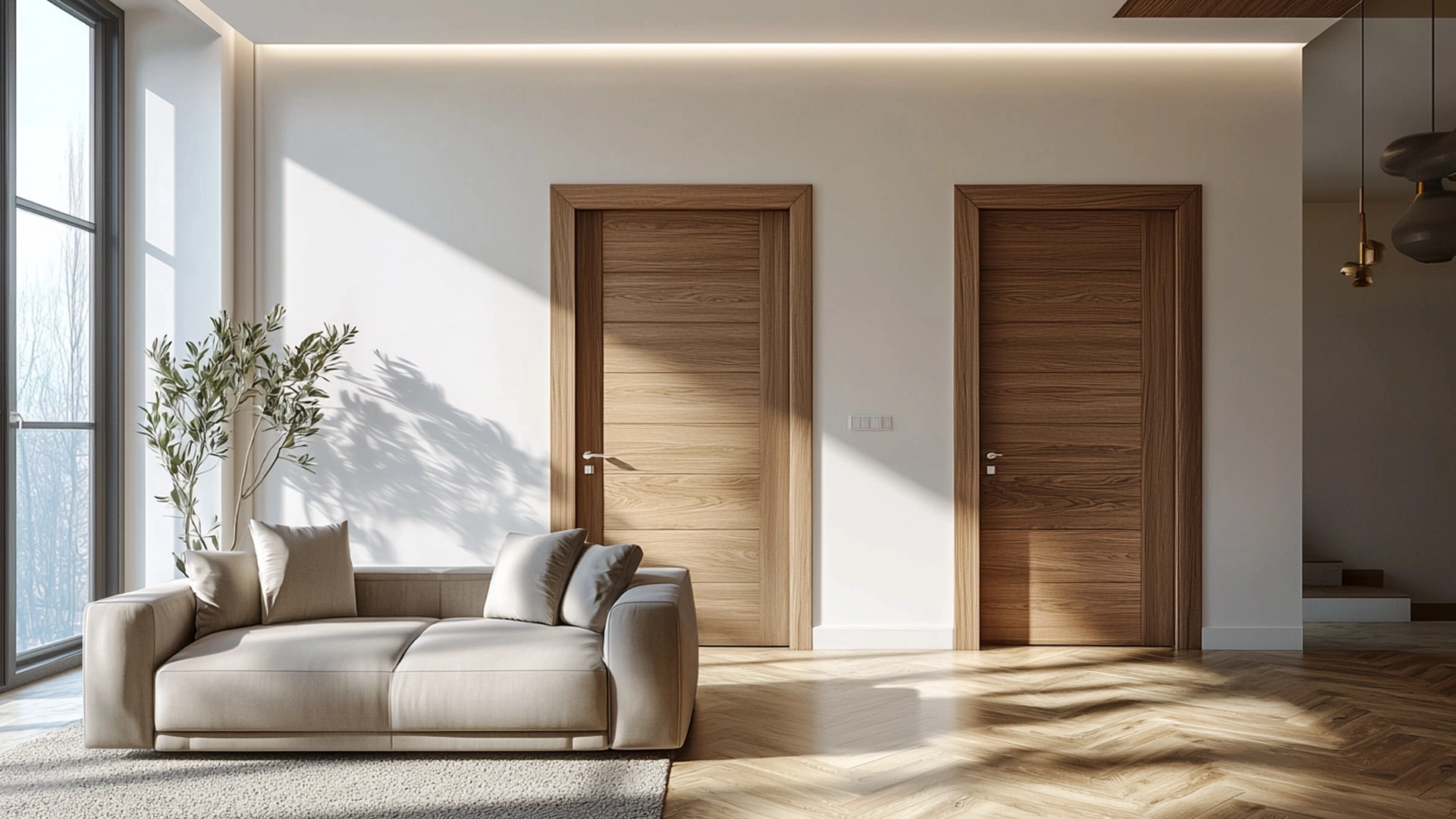 Two bespoke walnut internal doors in a bright living area