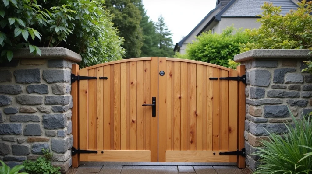 Arched timber garden gate between stone pillars