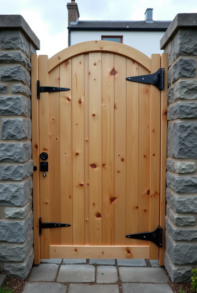 An arched, light-colored wooden garden gate with visible knots, set between two sturdy stone pillars. The gate features heavy-duty black iron strap hinges on the right side and a matching black latch and handle on the left.