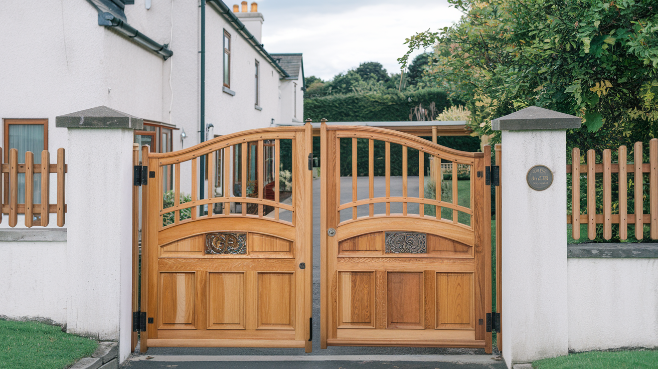 Double timber garden gates between rendered pillars in Dublin