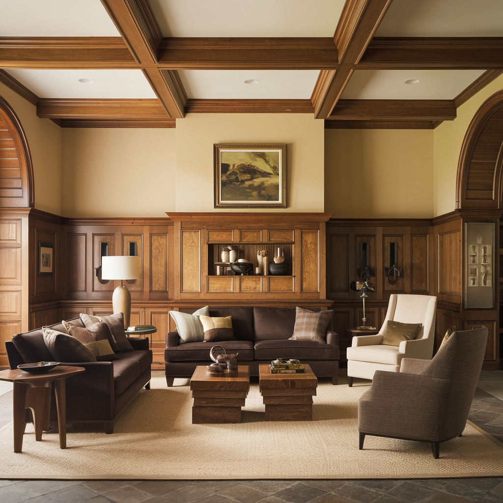Traditional living room with timber coffered ceiling and panelled walls