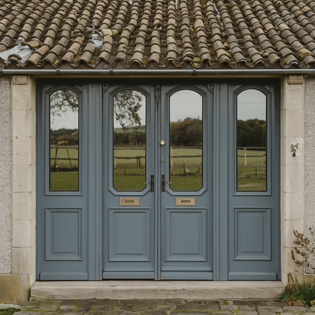 Painted double timber front door on a tiled-roof cottage