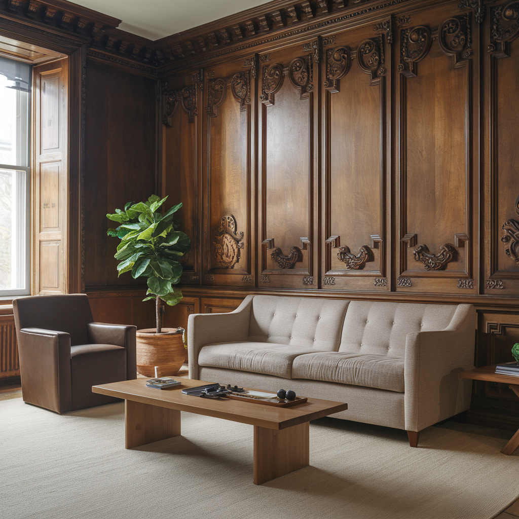 Carved timber wall panelling in a sitting room