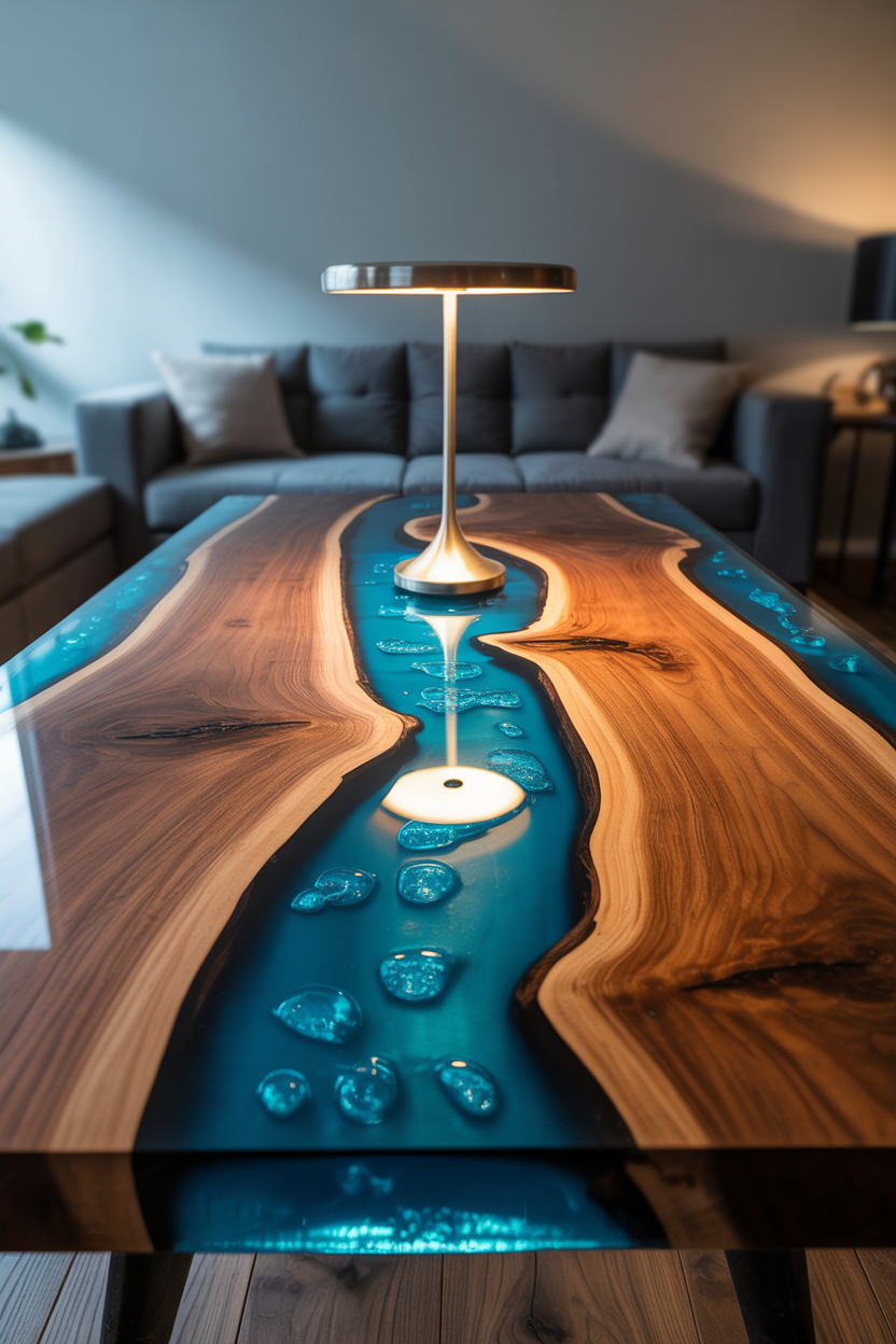 marbled live edge resin table in irish living room