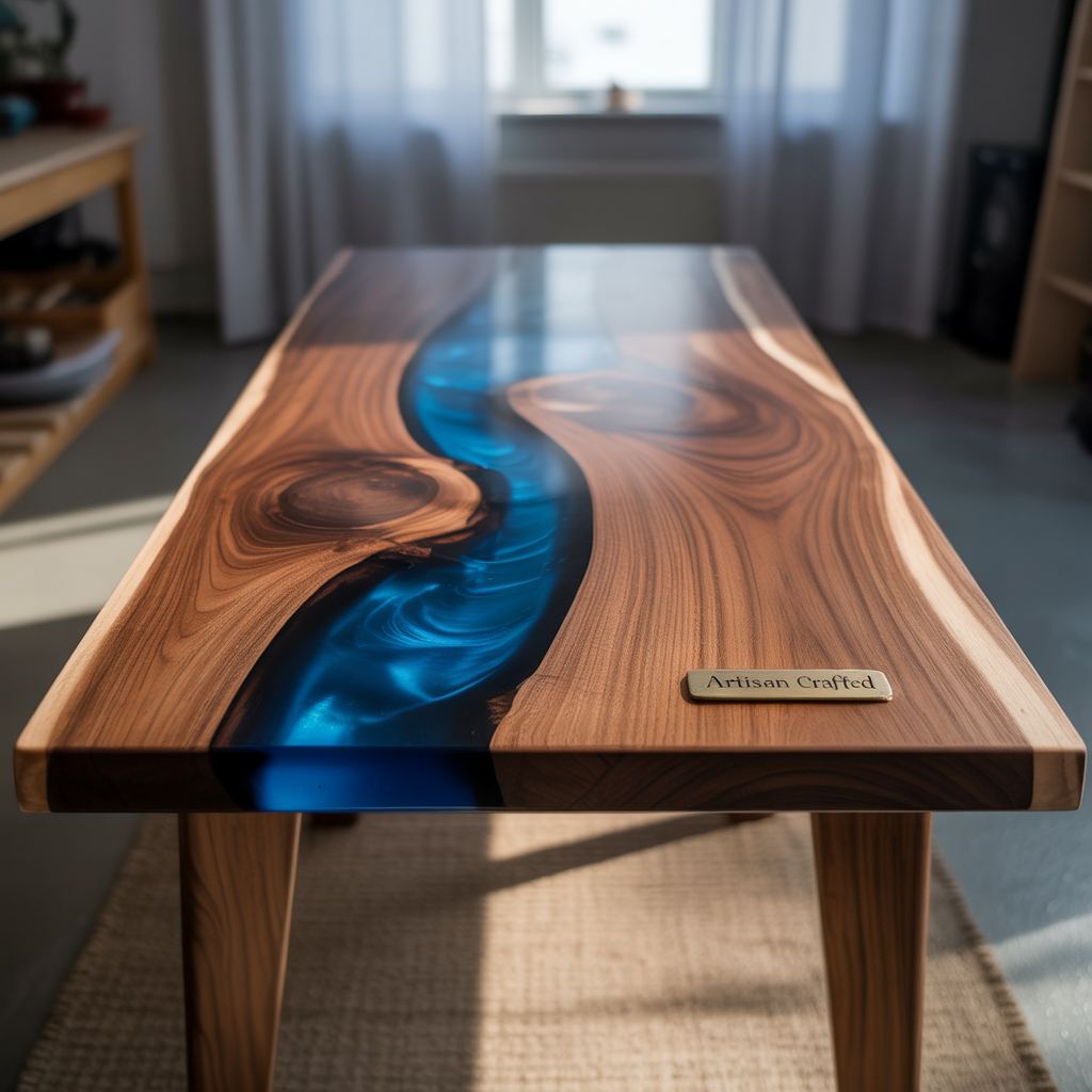 Walnut river resin table with blue epoxy channel