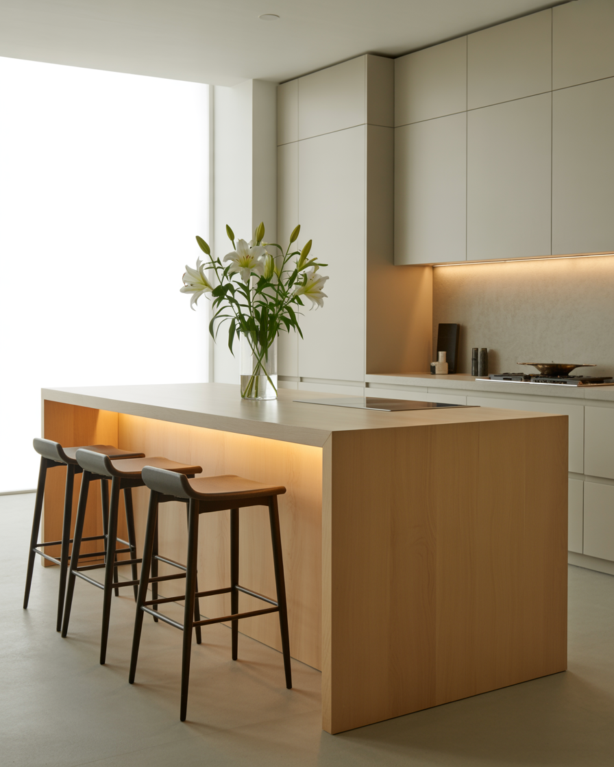 Bespoke oak kitchen island with breakfast stools