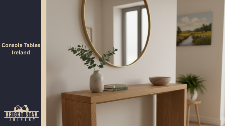 A waterfall console table styled with a small ceramic vase of eucalyptus, a stack of books, and a decorative bowl. Above the table, is a large circular gold-framed mirror hangs on a neutral cream wall, reflecting a bright window.