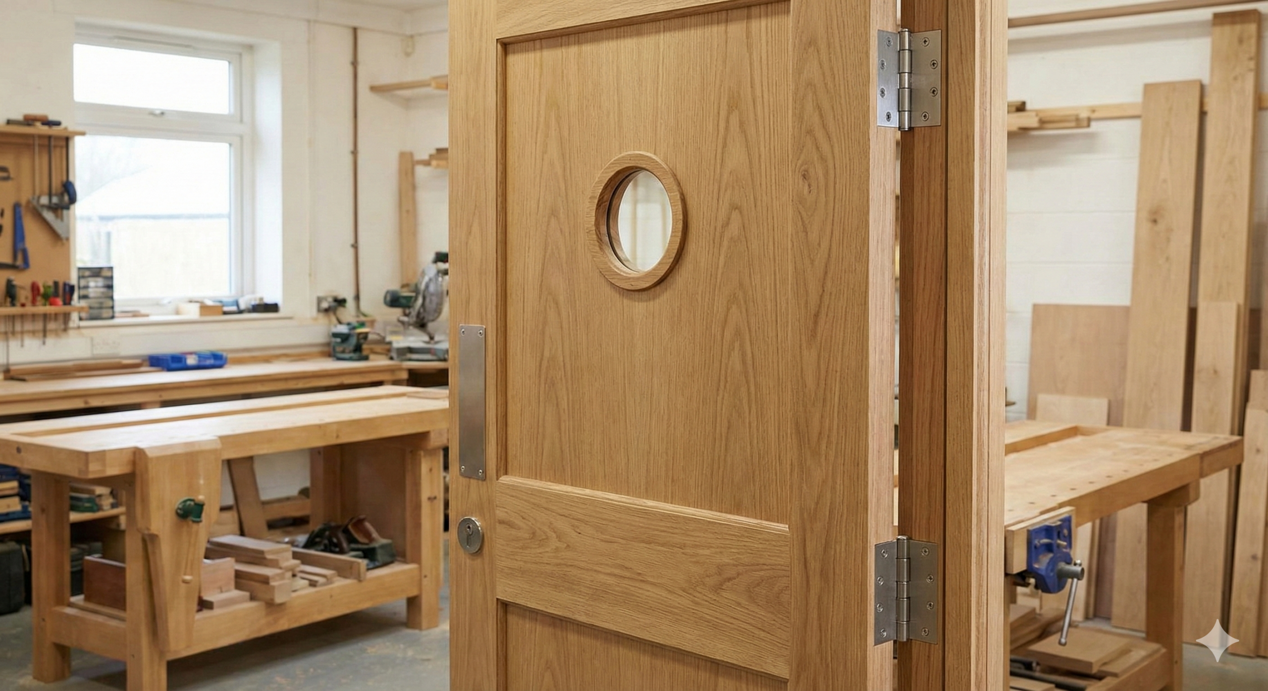 Oak fire door with porthole vision panel in a joinery workshop