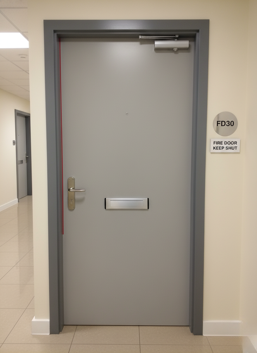 Grey fire door with letter plate and FD30 sign