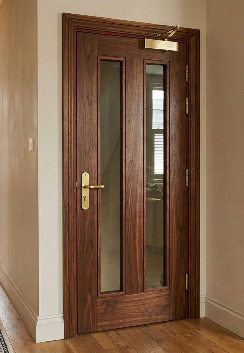 deep brown wooden fd60 fire door with glass panels and gold latch