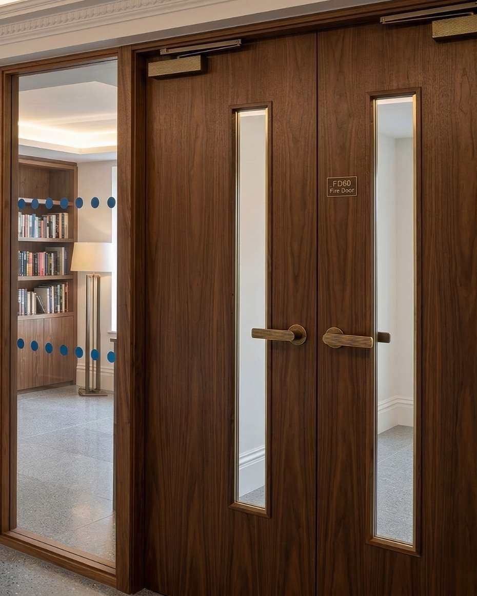 wooden double door fd90 of a glass walled library