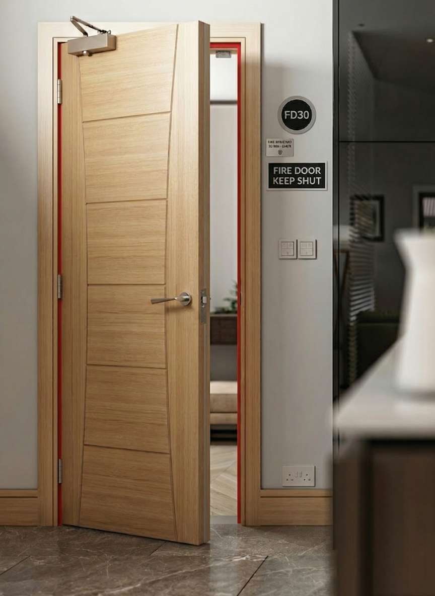 wooden fd30 fire door with a red seal slightly open in a white walled kitchen
