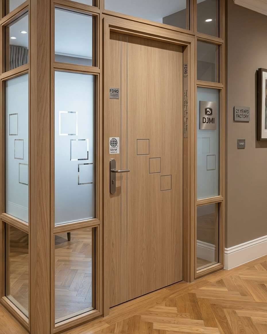wooden fd90 door with wooden frame with a glass panelled wall