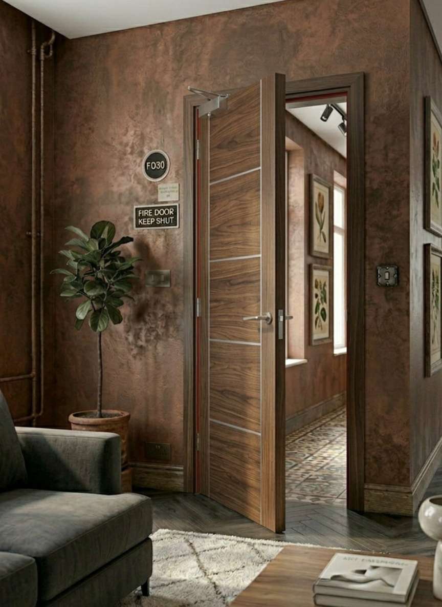 dark brown wooden fd30 fire door with a red seal slightly open in a brown walled living room